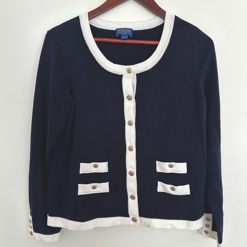 Pendleton Navy White Button Front Cardigan Size L… - image 1